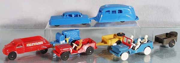 4 THOMAS TOY VEHICLES: plastic, Sedan w/House Trailer, 9 1/2" long; Acme Dept of Public Works Pick Up w/Jaeger Generator Trailer, decals strong, 8" long; Jeep w/Trailer, no windshield, 7 3/4" long; Military Police Jeep w/Tr