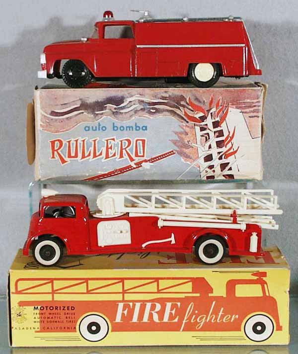 2 FIRE TRUCKS: plastic, Argentina Ford Pumper, 9" long, friction working, 2 tires replaced, orig box; BW Ladder Truck, 9 1/2" long, friction & siren working, body has warp, orig box incom, C7-8.