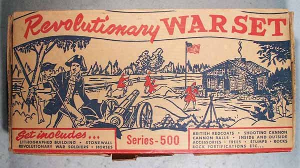 MARX 3401 REVOLUTIONARY WAR PLAY SET: complete, some pieces have play wear, 12" by 4 1/2" by 24", orig box crisp but torn at handle & staples, C7-9.