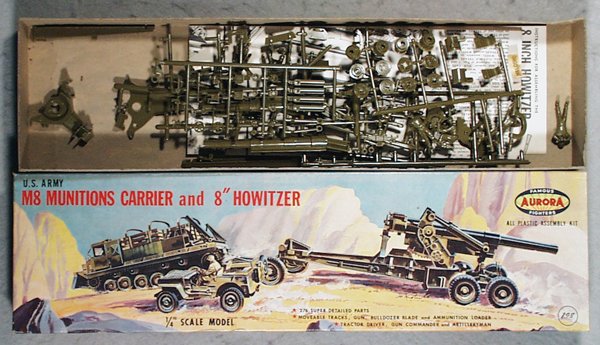 AURORA 310 M8 MUNITIONS CARRIER & 8" HOWITZER MODE: plastic, some parts still attached to trees, appears complete, w/instructions, orig box, C8-9.