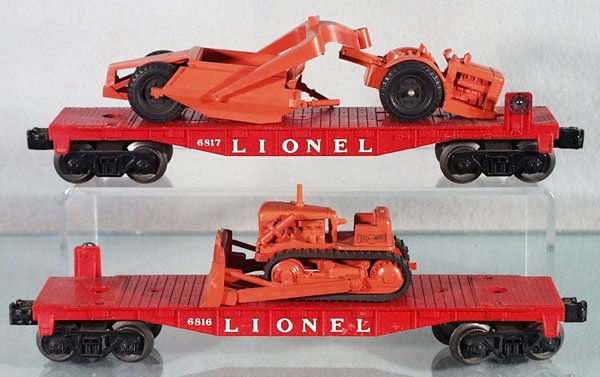 2 LIONEL FLAT CARS W/LOADS: O ga, 6817 flat w/Allis Chalmers motorscraper, connector peg broken, 2 eyelets broken; 6816 flat w/Allis Chalmers bulldozer, 2 piston rods & stack broken, C6-7.