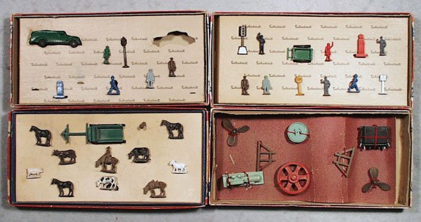 4 AUTHENTICAST SETS: R-97 HO Flat Car w/loads, R-95 HO Farm Set, R-92 HO Street Scene, missing 1 car & 3 figures, R-91 HO Street Accessories, orig boxes, 1 worn, C7-9.