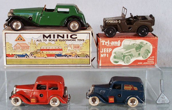 4 MINIC VEHICLES: Vauxhall Town Coupe, windup working, 3 tires flat, 1 tire missing, some trim oxidized, orig box incom; #1 Jeep, windup working, minor decal wear, orig box; Ford Saloon, windup working, rear tires have