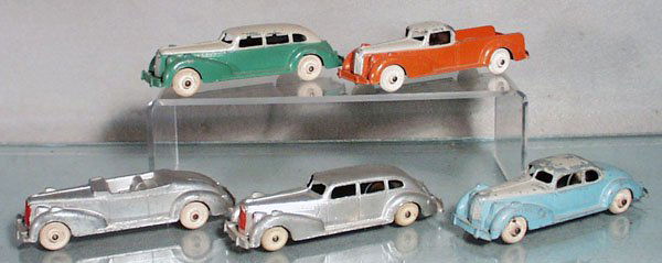 5 HUBLEY PACKARDS: die cast w/tin chassis, wooden wheels, C3-4.