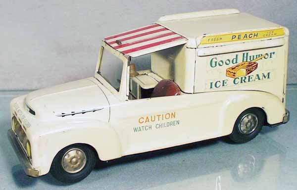 TATSUYA FORD GOOD HUMOR ICE CREAM TRUCK: 1950's, Japan, litho tin, friction working, 11" long, bell rings, black rubber tires, paint touch up all over, C5-6.