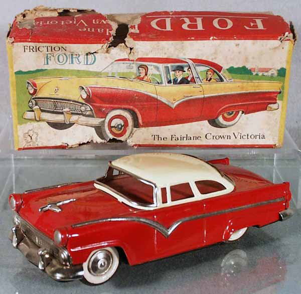 YONEZAWA 1956 FORD FAIRLANE CROWN VICTORIA: litho tin, friction not working, black rubber tires, 8" long, orig box rough, C8.