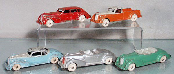 5 HUBLEY PACKARDS: die cast w/tin chassis, wooden wheels, C3-4.