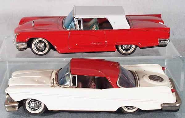 2 BANDAI VEHICLES: litho tin, black rubber tires, 8" long, 1958 Ford Thunderbird, friction works sluggishly, 1960 Chrysler Imperial, friction working, both have some playwear, C6-7.