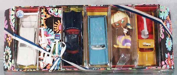 SABRA SUPER CAR GIFT SET: contains 8107 Pontiac GTO, gray, 6 plastic road signs, 8110 Cadillac Eldorado, blue, 8100 Chevelle Wagon, blue, Doll, 8112 Chevrolet Wrecker, w/roof decal rub, orig set box tied with ribbon & partiall