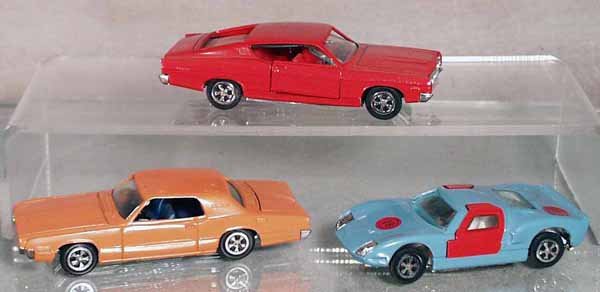 3 SABRA FORDS: 8121 Torino, red, 8118 Thunderbird, orange, 8104 Ford GT, blue, all have speed wheels, C7-8.