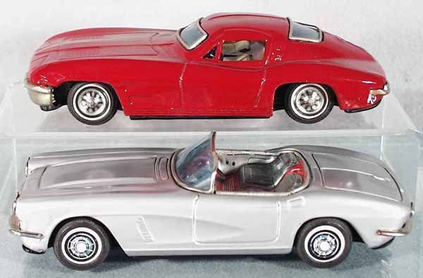 2 BANDAI CORVETTES: litho tin, 8" long, black rubber tires, 1964 Corvette, friction not working, 1961 Corvette Convertible, friction working, C6-8.