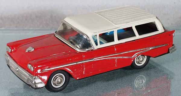 JOUSTRA 1958 FORD STATION WAGON: litho tin, friction working, black rubber tires, 8" long, some wear on metal trim, C6-7.