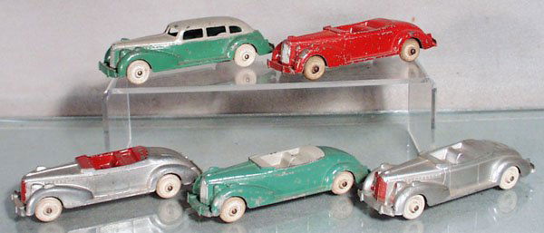 5 HUBLEY PACKARDS: die cast w/litho tin chassis, wooden wheels, 5 1/2" long, C3-5.