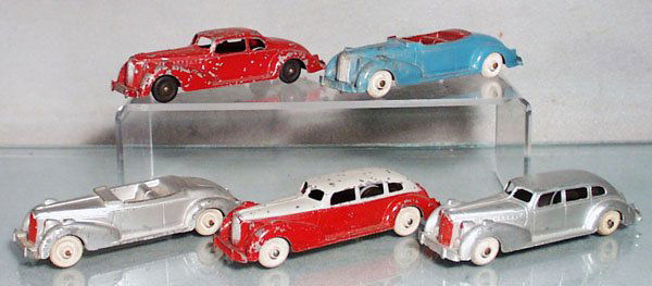 5 HUBLEY PACKARDS: die cast w/litho tin chassis, wooden wheels, litho worn, C3-4.