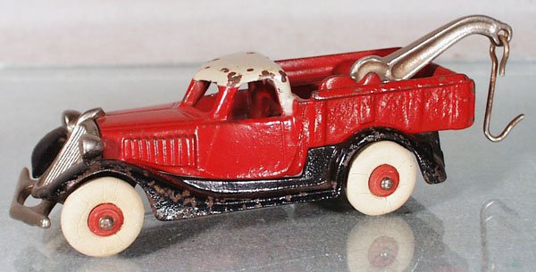 HUBLEY CONVERTIBLE WRECKER: painted cast iron, nickel grille & boom, black, red & white, 6" long, C6-7.