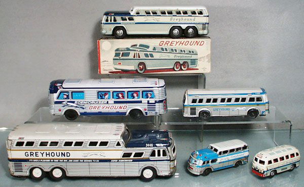 6 GREYHOUND BUSES: litho tin, Daiya Bus, friction working, 8 1/2" long, orig box, Kyowa Bus, friction working, 8 3/4" long, Japanese Bus, friction not working, 6 1/2" long, Harusame Bus, friction not working, 11 1/4" lo