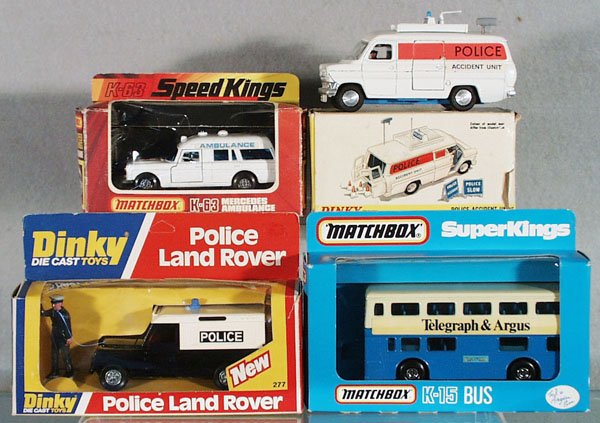 4 DINKY & MATCHBOX VEHICLES: Matchbox K63 Ambulance, K15 Bus, Dinky 277 Police Land Rover, 287 Police Accident Unit, orig boxes minor wear, C8-9.
