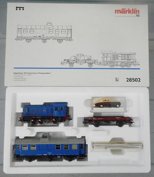 MARKLIN 28502 ROYAL CORP OF TRANSPORTATION: HO ga, loco w/2 cars, orig boxes & insert, C9.