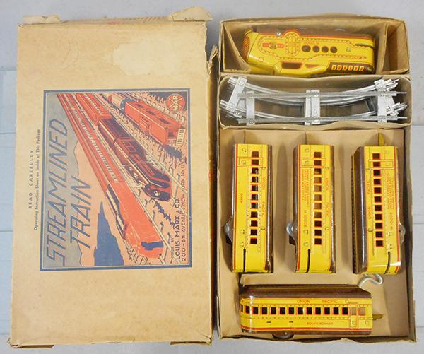 MARX CITY OF DENVER TRAIN SET: O ga, litho tin, M10005 loco, windup working, 2 mail cars, diner, Squaw Bonnet obsv, w/track, orig set box & inserts worn, C5.