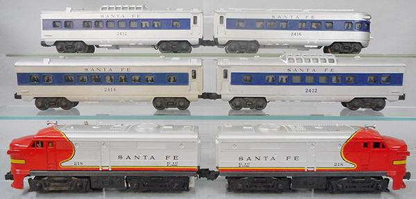 LIONEL 1651 4-CAR PASSENGER DIESEL SET: O ga, 218P, 218T SF Alcos, coupler support bar on 218T glued, 2 #2412 vista domes, 2414 Pullman, 2416 obsv, orig boxes worn, 3 end flaps loose, missing 1 perforated box window, orig set box worn, ca 1
