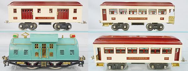 LIONEL TRAIN SET: std ga, 10E loco, rewheeled, 332 baggage, 339 Pullman, 341 obsv, set is restored, C8-9.