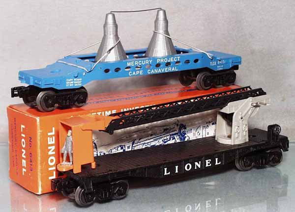 2 LIONEL SPACE CARS: O ga, 6413 Mercury Capsule car, orig box minor wear, 6512 cherrypicker car, C7-9.