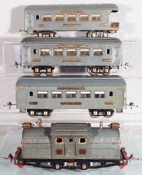 IVES GREYHOUND TRAIN SET: O ga, gray, 3257R loco, rewheeled, 2 #141 parlor cars, 142 obsv, 1 parlor car mismatched to set, C4-5.