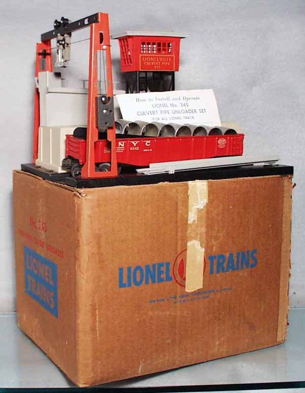 LIONEL 345 OPERATING CULVERT UNLOADER: O ga, no broken railings, w/6342 NYC gondola w/culverts, orig box minor wear & old tape, C6-7.