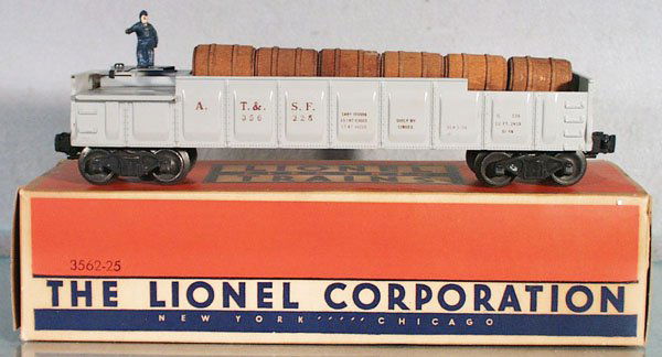 LIONEL 3562-25 OPERATING BARREL CAR: O ga, gray w/red lettering, small scratches on 1 side, w/362-78 barrel set & bin, orig box, C7-8.
