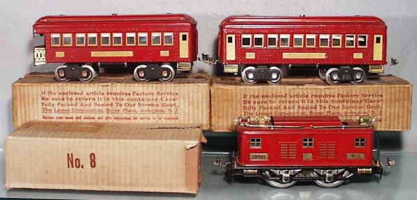 LIONEL TRAIN SET: std ga, 8 loco, red, rewheeled, 337 Pullman, 338 obsv, orig boxes minor wear, C7.