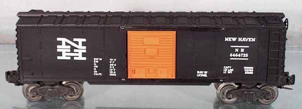2 LIONEL BOX CARS: O ga, 6464-725 New Haven box car, 6464-200 PA box car, small melt mark area on roof, C7.