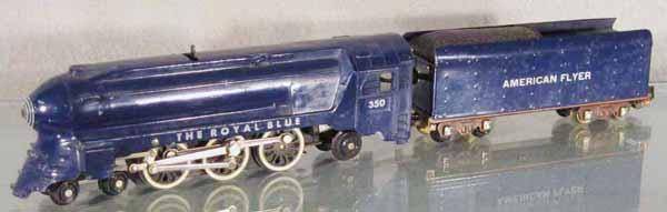 066: AMERICAN FLYER 350 ROYAL BLUE LOCO & TENDER: S ga, rear coupler converted to knuckle coupler, C7-8.