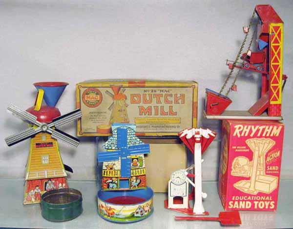 076: 4 SAND TOYS: litho tin, McDowell #26 Dutch Mill, orig box, T.Cohn Windmill, A. Rowley Rhythm, orig box, Sand Elevator, C5-7.