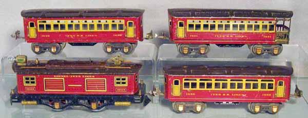 087: LIONEL IVES TRAIN SET: O ga, litho tin, 1651E loco, 2 #1690 Pullmans, 1691 obsv, cars marked Ives, C4-5.