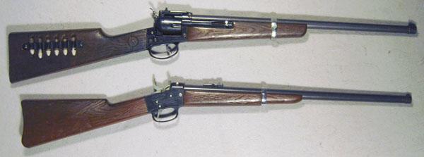 093: 2 MATTEL SHOOTIN SHELL TOY RIFLES: plastic & metal, Colt Six-Shooter, 31" long, Indian Scout, 29 1/2" long, w/extra ammunition from 1956, both working, C6-8.