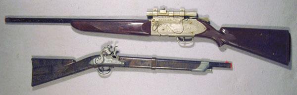 2 HUBLEY CAP RIFLES: die cast & plastic, Buffalo rifle, 24 1/2" long, Sportsman rifle, w/scope, 35" long, both working, C6-7.