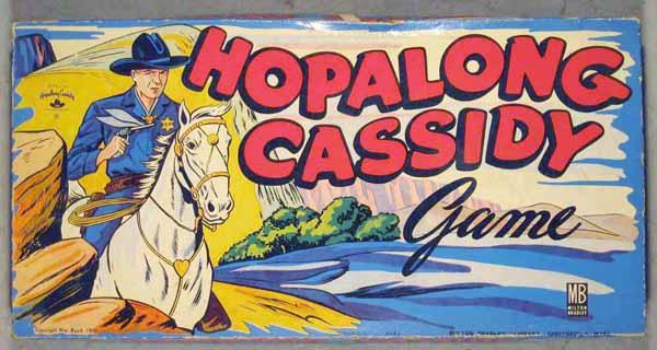 6 HOPALONG CASSIDY TOYS: Milton Bradley Hopalong Cassidy Game, board has warp; Aladdin Thermos, some cracks around neck; Siren Flashlight, minor bend; Cereal Bowl, ceramic; Tie Rack, leather; Timex Watch, C5-7.