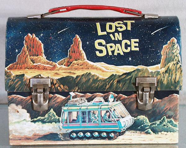 THERMOS LOST IN SPACE LUNCH BOX: litho tin, dated 1967, 9" long, missing drinking Thermos, wear from use, C5.