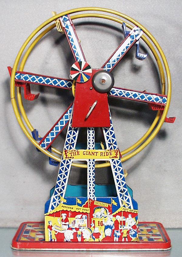 OHIO ART THE GIANT RIDE FERRIS WHEEL: litho tin, w/plastic seats, clockwork working, 16 1/2" tall, C5-6.