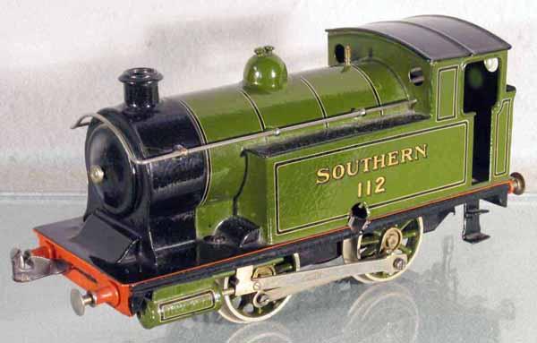 BING SOUTHERN TANK LOCO: 1 ga, handpainted tin, crackle finish, clockwork not working, lettered Southern 112, C7-8.