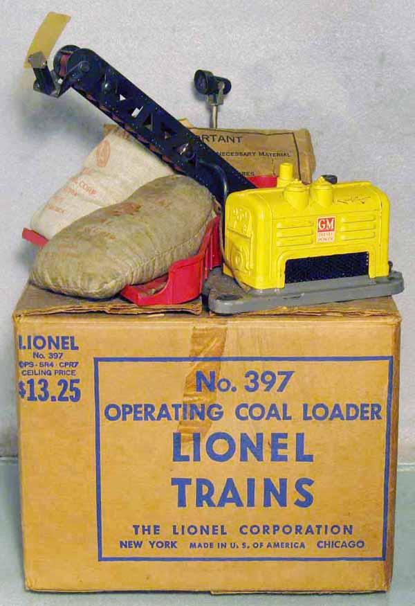 LIONEL 397 COAL LOADER: O ga, w/yellow motor cover, cover has cracked & been repaired on inside, clear coal deflector cracked, w/2 bags of coal, orig box & insert, C5-6.