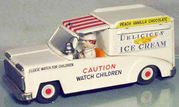 TN CHEVROLET ICE CREAM TRUCK: litho tin, 10" long, friction working, w/rear door, C7-8.