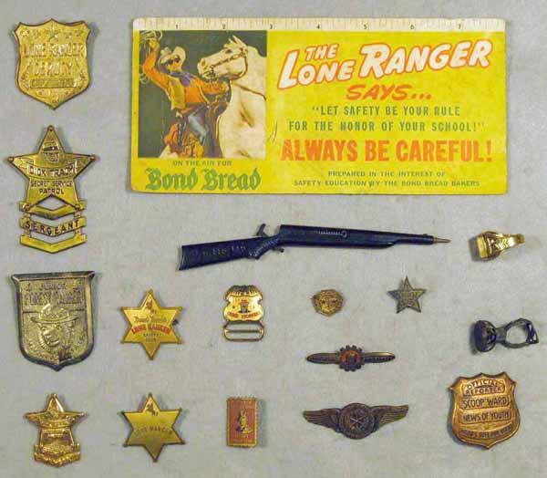 17 CEREAL PREMIUMS: 3 Dick Tracy, 3 Lone Ranger & more, tarnished, C5-6.