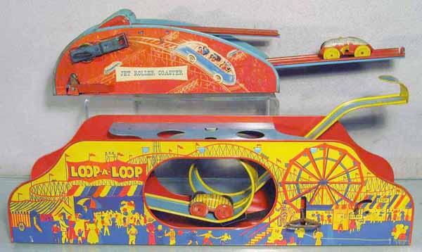 2 WOLVERINE TOYS: litho tin, Jet Roller Coaster & Loop-A-Loop, 1 not working, 19" & 21" long, C5-7.