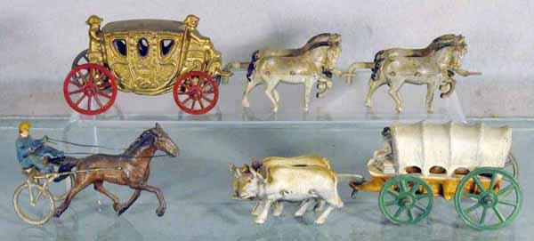 3 BARCLAY HORSEDRAWN VEHICLES: die cast, coach w/4 horses, jockey w/sulky, covered wagon, C5-7.