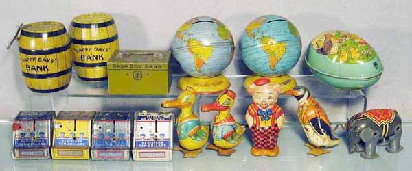 15 CHEIN TOYS: litho tin, 2 barrel banks, 2 globe banks, 4 dime registers, 1 egg, 1 cash box, 5 animal walkers, C5-7.