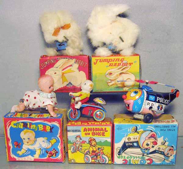 5 JAPANESE TOYS: litho tin, plastic & plush, 2 Jumping Rabbits, Climbing Baby, Tricycle, Comic Helicopter, all but helicopter are working, orig boxes, C6-8.