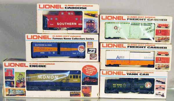 LIONEL FREIGHT TRAIN SET: O ga, 8155 Monon U36B, w/cars 9287, 9401, 9783, 9733, 6304, orig boxes minor wear, C8.