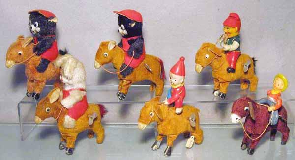 6 ANIMAL TOYS: Japan, plush, windups working, w/different characters, C5-7.
