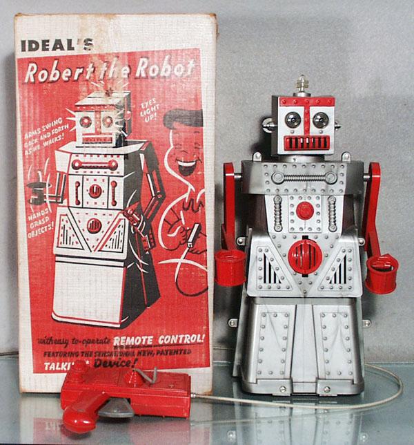 IDEAL ROBERT THE ROBOT: plastic, 14" tall, 1st version, batt op remote control, working, w/3 die cast tools & instructions, orig box minor wear, C8.